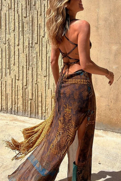 Gypsy Style Unique Print Cowl Neck Back Lace-up Slit Midi Dress main image 0