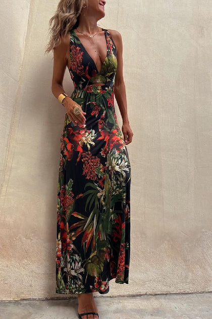 RAINFOREST PARADISE TROPICAL PRINT CUTOUT BACK CROSSOVER STRETCH MAXI ...