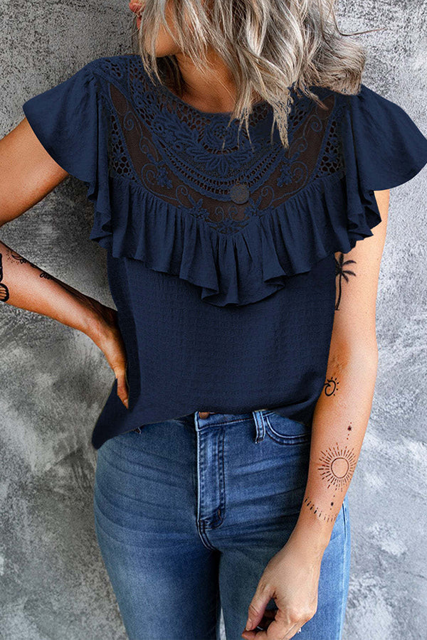 Summer Lace Women's Ruffled Crew Neck Loose Top
