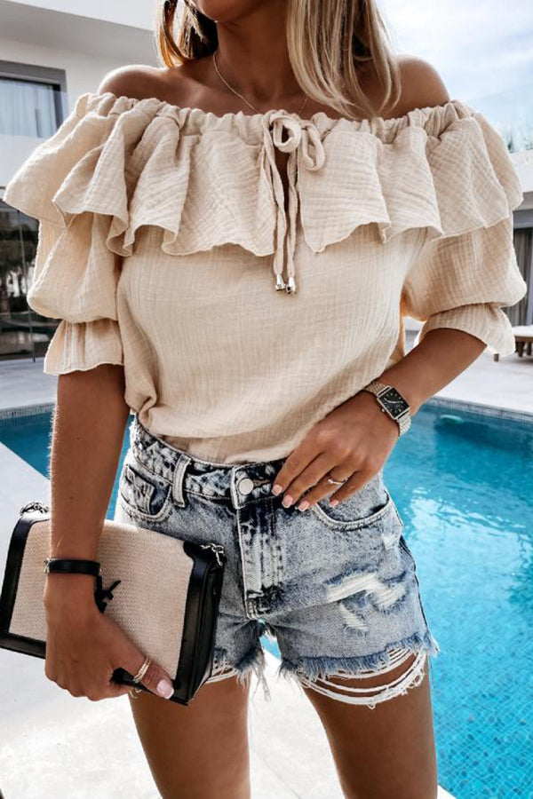 Off Shoulder Ruffle Solid Short Sleeve Shirt