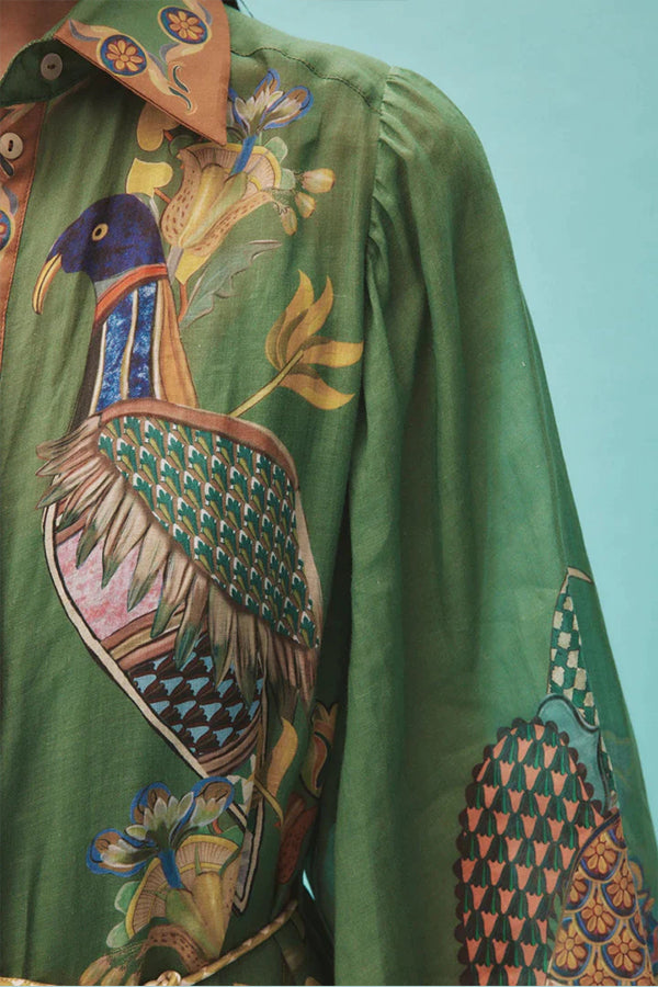SPECIAL MOMENT HEAVEN BIRD PRINT BALLOON SLEEVE SHIRT MIDI DRESS
