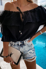 Off Shoulder Ruffle Solid Short Sleeve Shirt