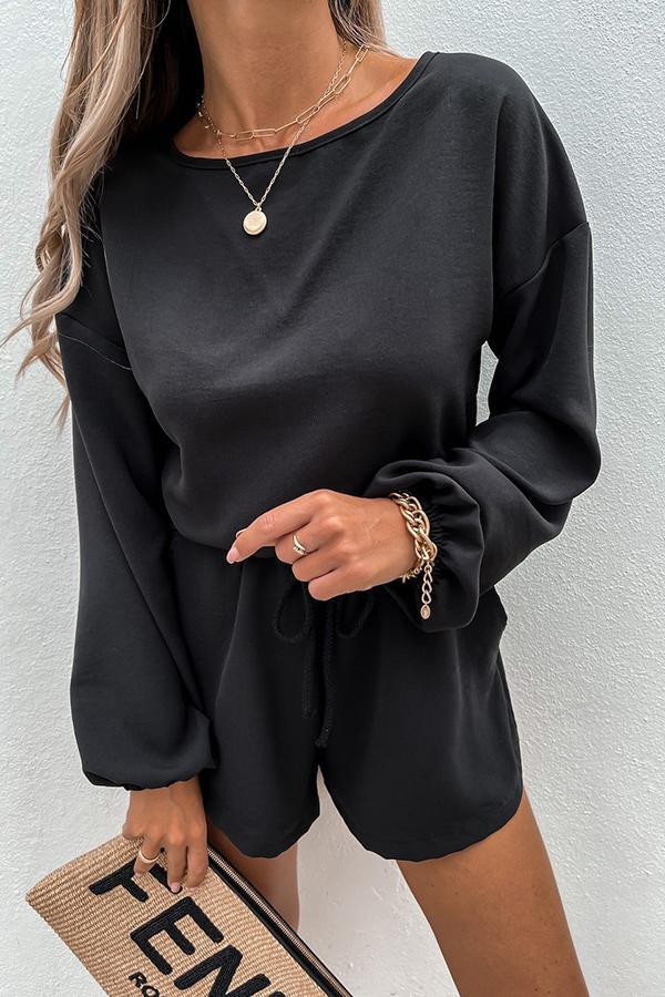 Solid Color Long-sleeved Round Neck Romper