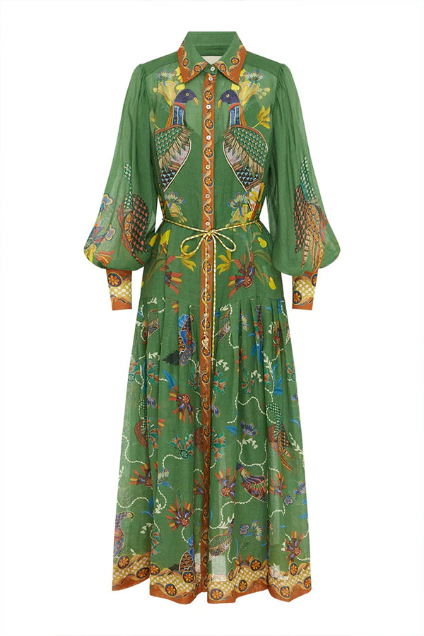 SPECIAL MOMENT HEAVEN BIRD PRINT BALLOON SLEEVE SHIRT MIDI DRESS