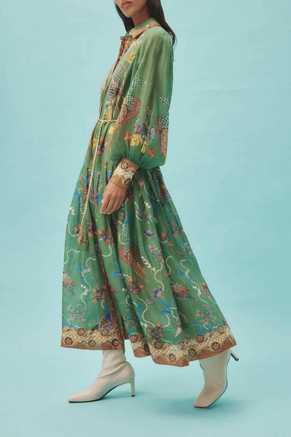 SPECIAL MOMENT HEAVEN BIRD PRINT BALLOON SLEEVE SHIRT MIDI DRESS