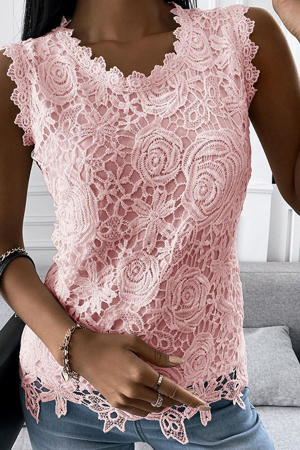 Women's Crew Neck Lace T-shirt Sexy Sleeveless Top