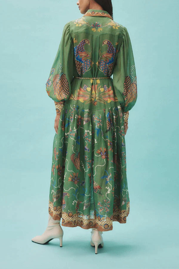 SPECIAL MOMENT HEAVEN BIRD PRINT BALLOON SLEEVE SHIRT MIDI DRESS