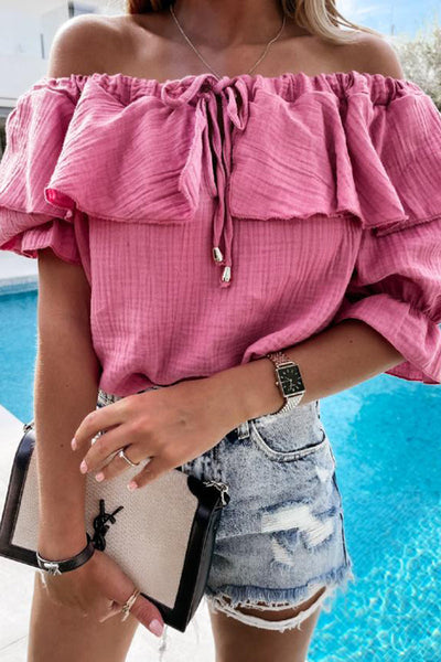 Off Shoulder Ruffle Solid Short Sleeve Shirt