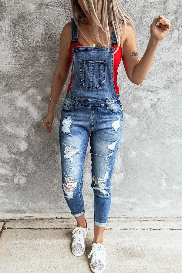 Retro Ripped Stretch Denim Overall