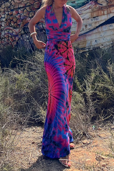 Tie Dye Queen Sexy Boho Hippie Chic Criss Cross Back Maxi Dress